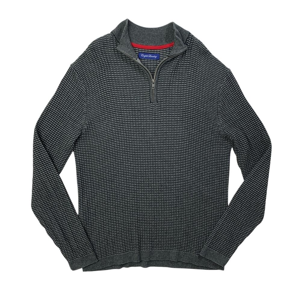 English Laundry Sweater Men M Medium Grey Black Quarter Zip Textured Waffle Knit